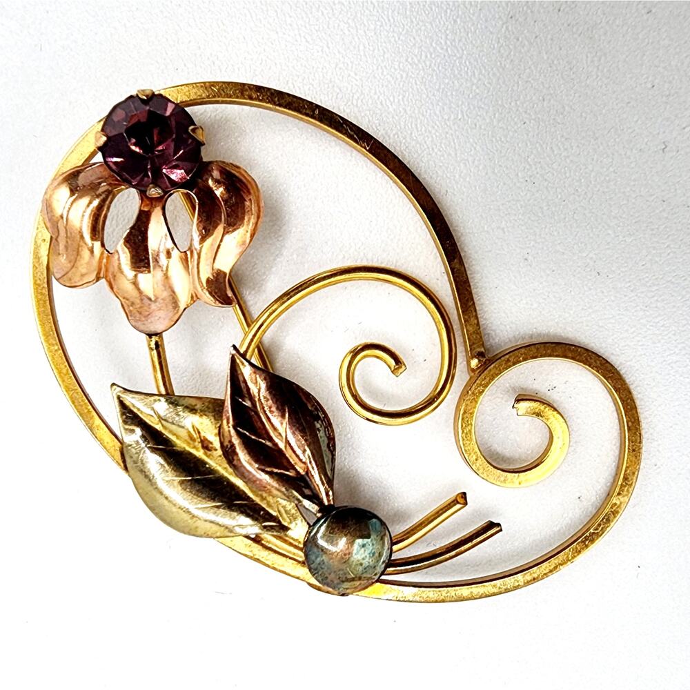 Vintage Bal-Ron 12K Gold Filled Brooch Tri Color Gold Floral Swirl Pin Signed